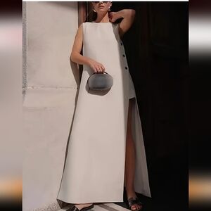 Elegant Cream Sleeveless Dress Slit On Each Side Thigh High